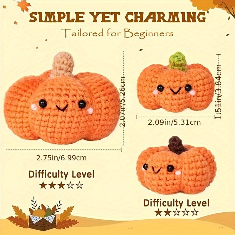 3pcs Halloween Pumpkin Crochet Kit for Beginners - Includes Easy No-Split Yarn, Step-by-Step Video Tutorials & Hook - Complete DIY Crafting Set
