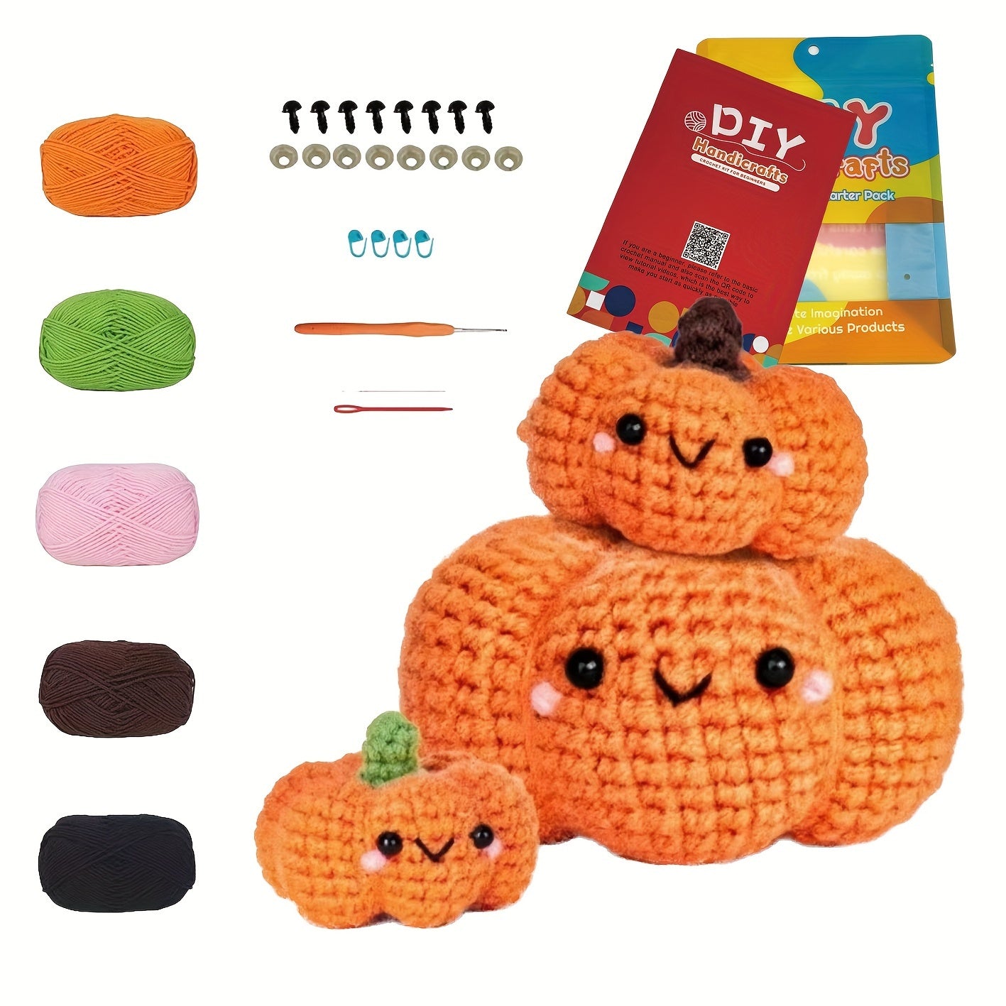 3pcs Halloween Pumpkin Crochet Kit for Beginners - Includes Easy No-Split Yarn, Step-by-Step Video Tutorials & Hook - Complete DIY Crafting Set