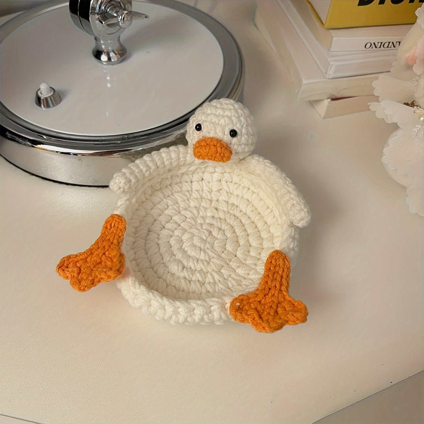 Whimsical Handmade Crochet Duck Coaster Set - Vibrant Fun Animal Mug Rug for Home Decor, Creative Knitted Housewarming Gift for Daughter, Mom, Teacher, and More - Soft Fabric Material, Suitable for Ages 14+, Pack of 1
