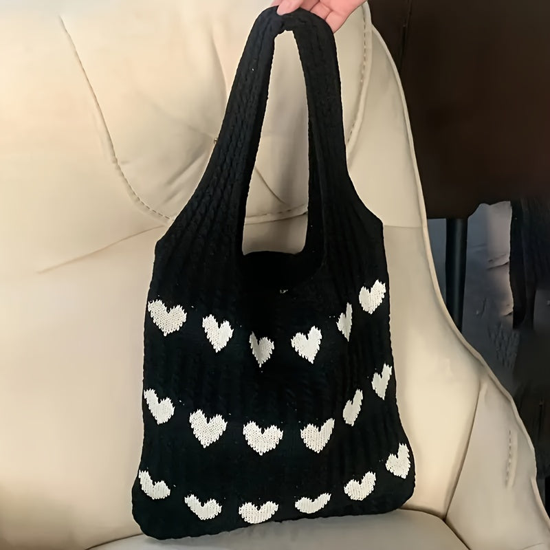 Vibrant Geometric Heart Pattern Tote Bag - Durable, Casual, and Fashionable Shoulder Bag with Knitted and Crochet Details - Ideal Valentine's Day Gift and Fashion Accessory for Daily Use