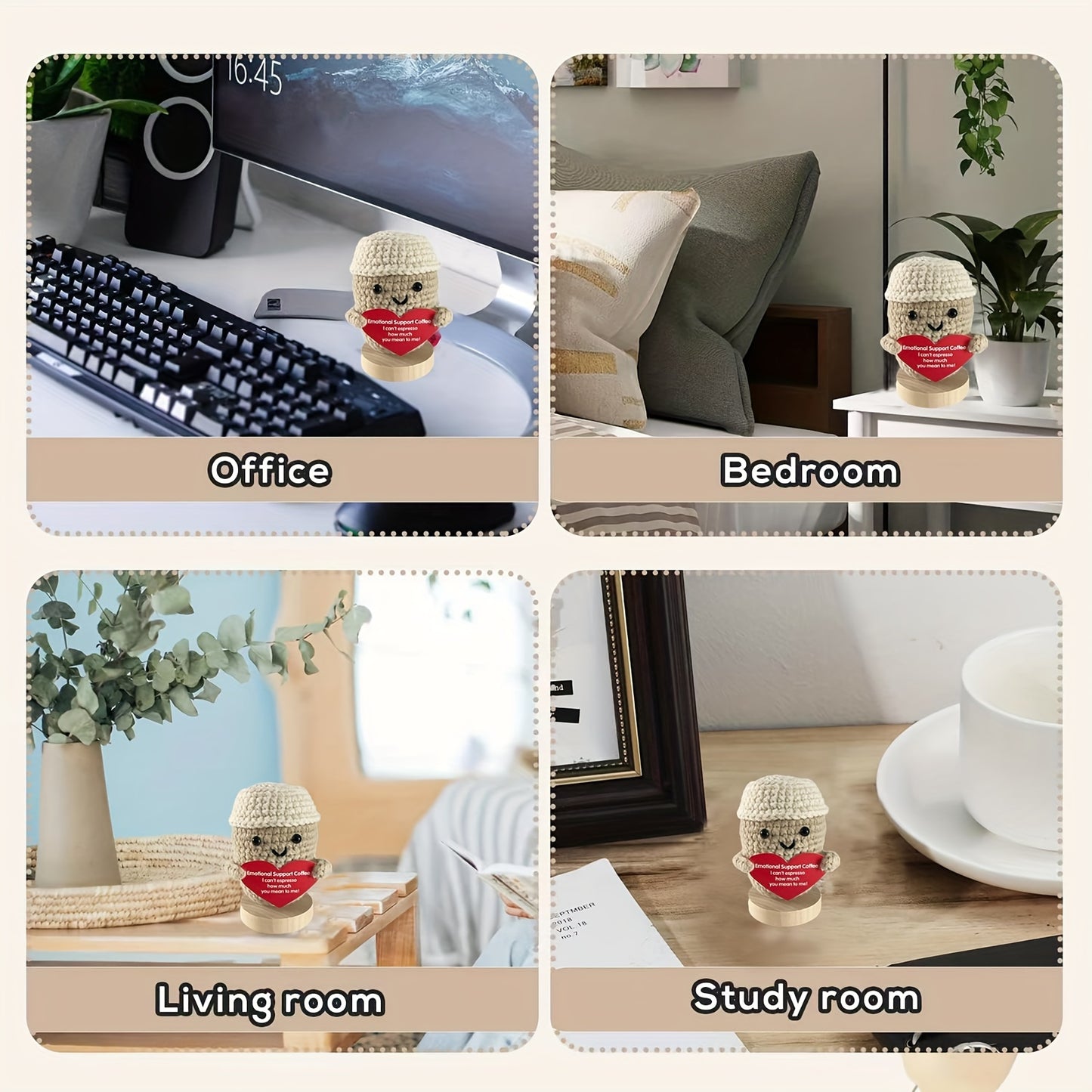 Charming Mini Crochet Coffee Cup Doll, 2.8" Soft Wool Knit Toy with Inspirational Card - Perfect for Birthday Gifts & Room Decor (Base Not Included)