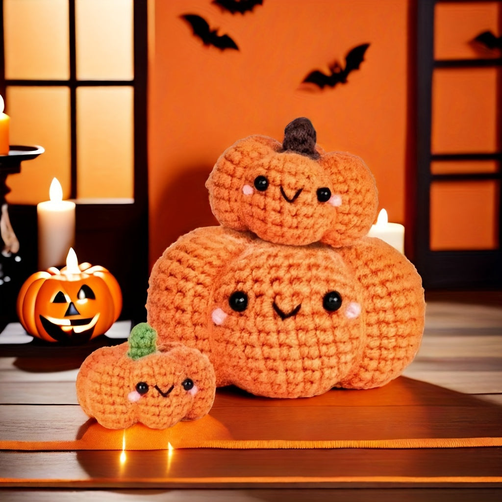 3pcs Halloween Pumpkin Crochet Kit for Beginners - Includes Easy No-Split Yarn, Step-by-Step Video Tutorials & Hook - Complete DIY Crafting Set