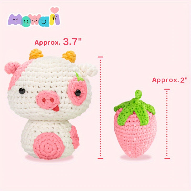 Mewaii Strawberry Pink Cow Crochet Kit For Beginners, Complete DIY Crochet Kit Animals With 40%+ Pre-Started Tape Yarn Step-by-Step Video Tutorials Halloween Birthday Easter Christmas Gift