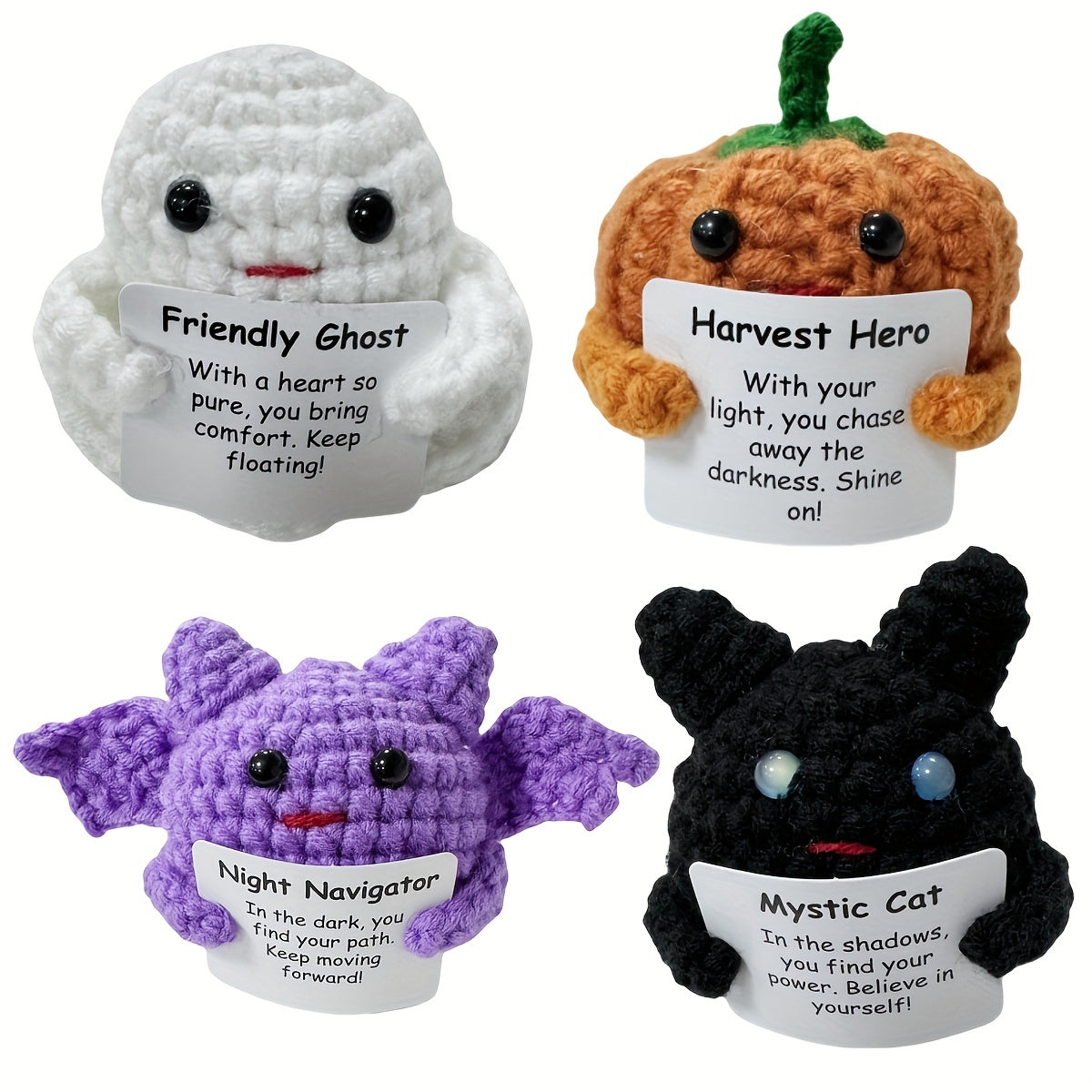 Halloween Knitted Wool Miniature Toy Set with Inspirational Cards - 2/4pcs Cotton Handmade Crochet Dolls for Encouragement, Party Favors, and Halloween Decor - General Fit, Electricity-Free, Featherless, Suitable for Ages 14+