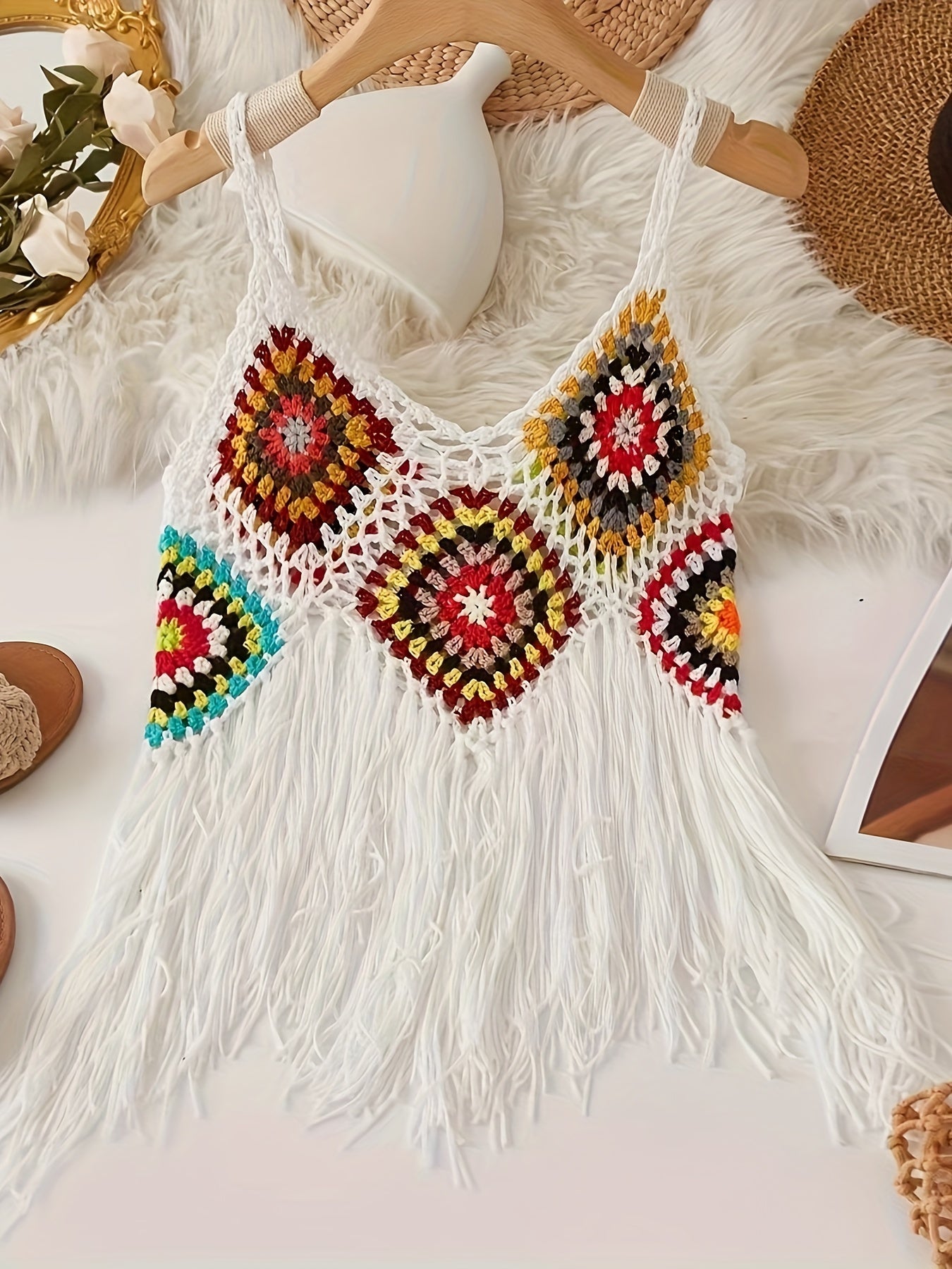 Colorful Boho Crochet Fringe Cami Top - V-Neck, Sleeveless, Versatile & Vacation-Ready, Handmade Acrylic Tassel Detail, Perfect for Layering