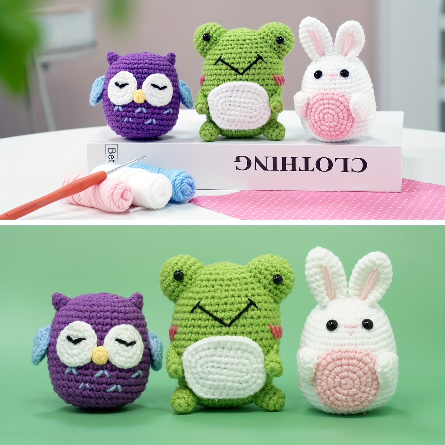 3pcs crochet kit material pack, handmade DIY made frog+owl+rabbit three in one set for dolls. Beginner crochet kit set with step-by-step instructions and video tutorials. Homemade birthday gift, doll art, crafts, and sewing s