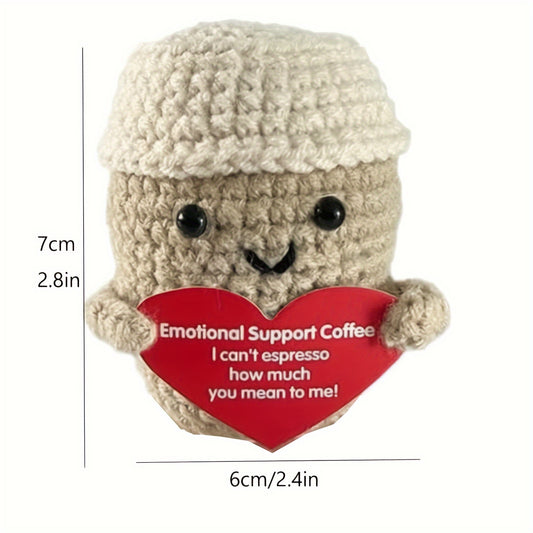 Charming Mini Crochet Coffee Cup Doll, 2.8" Soft Wool Knit Toy with Inspirational Card - Perfect for Birthday Gifts & Room Decor (Base Not Included)