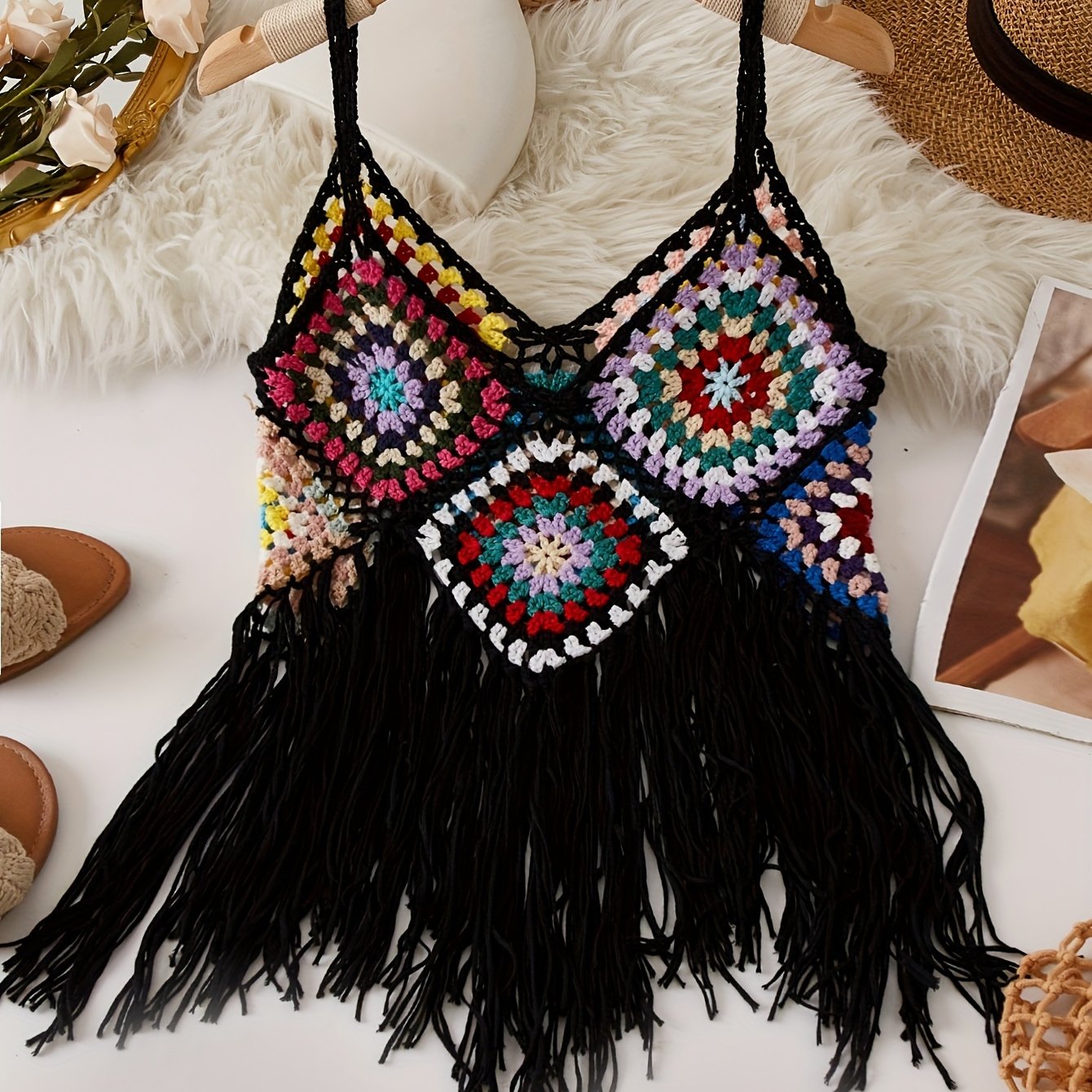 Colorful Boho Crochet Fringe Cami Top - V-Neck, Sleeveless, Versatile & Vacation-Ready, Handmade Acrylic Tassel Detail, Perfect for Layering