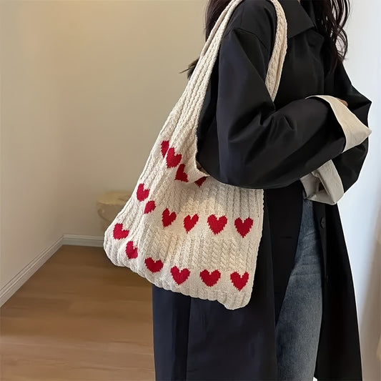 Chic Geometric Love Heart Crochet Tote, Durable, Casual Urban Style Shoulder Bag, Ideal Valentine's Gift & Fashion Accessory, Perfect for Everyday & Gift Giving