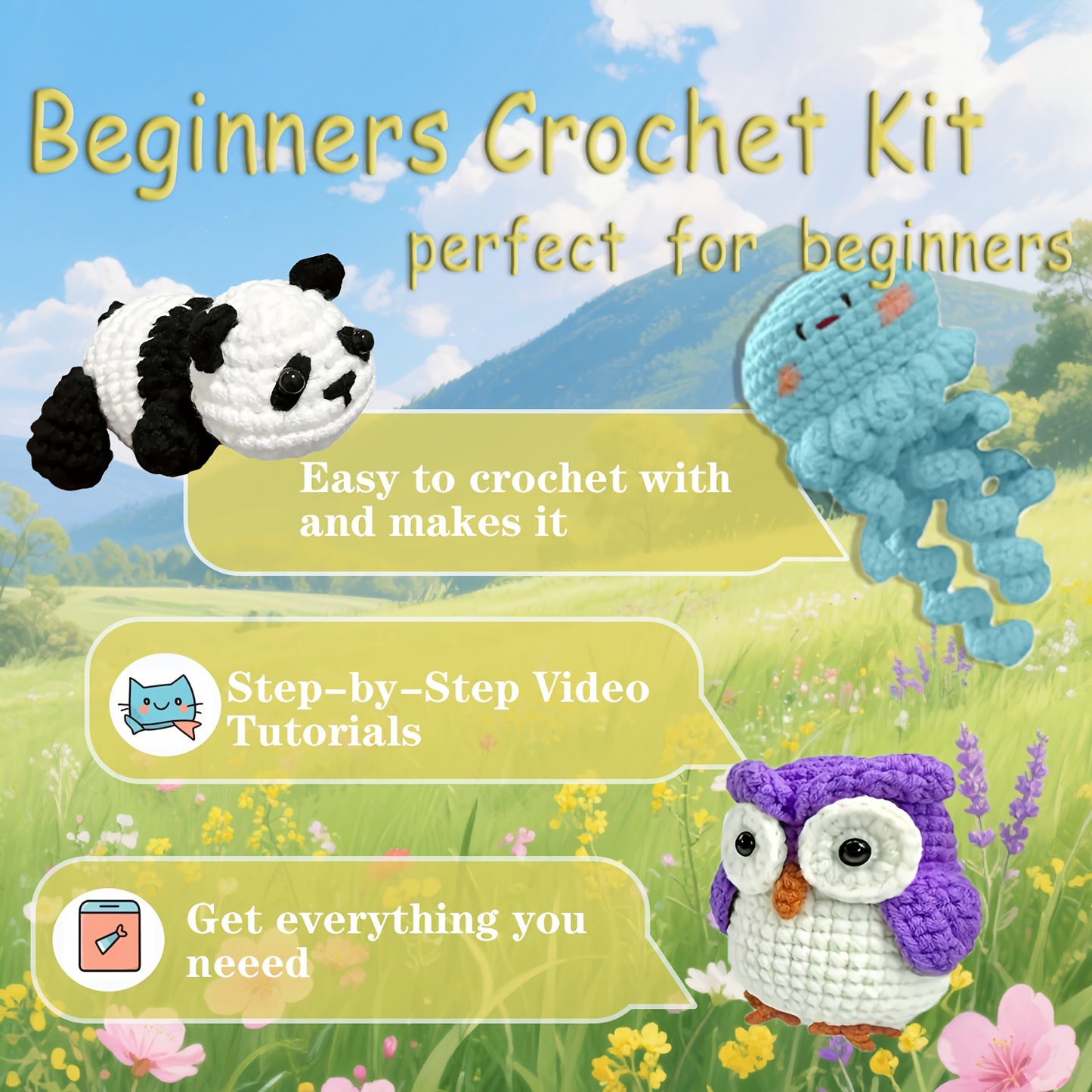 7pcs Crochet Kit for Beginners - Animal Designs with Crochet Hooks, Yarn, Step-by-Step Instructions & Video - Perfect for DIY Crafts, All-Season Use, Includes Turtle, Owl, Panda, and More, Crochet Supplies, Beginner Crafting,