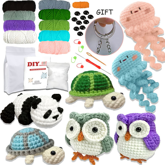 7pcs Crochet Kit for Beginners - Animal Designs with Crochet Hooks, Yarn, Step-by-Step Instructions & Video - Perfect for DIY Crafts, All-Season Use, Includes Turtle, Owl, Panda, and More, Crochet Supplies, Beginner Crafting,