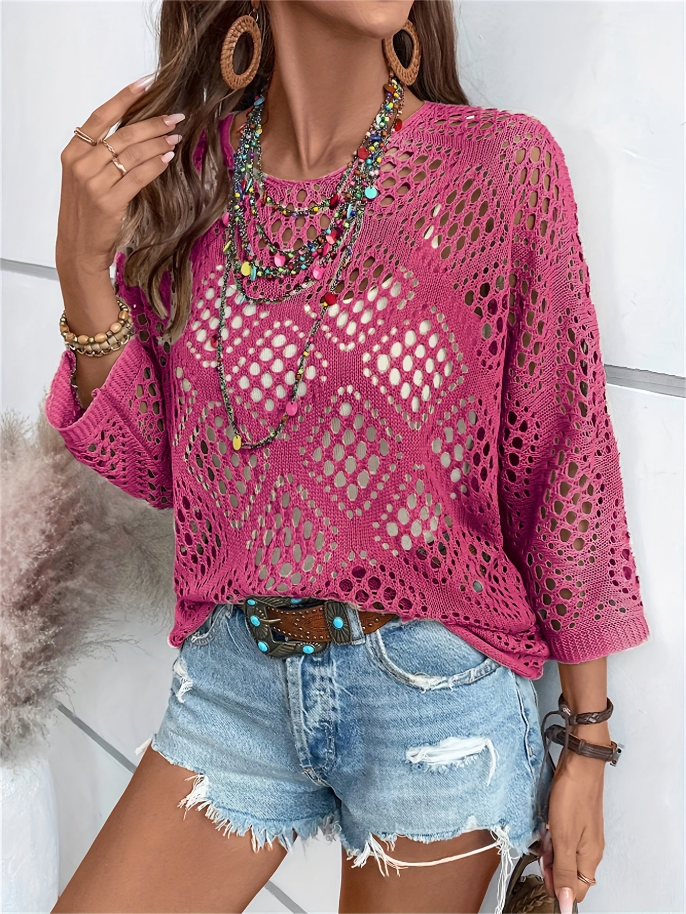 Women's Boho Chic Crochet V-Neck Sweater - Lightweight, Batwing Sleeve, Beach-Ready Knit Top in Solid Green, Breathable Polyester, Perfect for Summer, Crochet Sweater