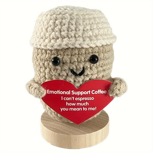 Charming Mini Crochet Coffee Cup Doll, 2.8" Soft Wool Knit Toy with Inspirational Card - Perfect for Birthday Gifts & Room Decor (Base Not Included)