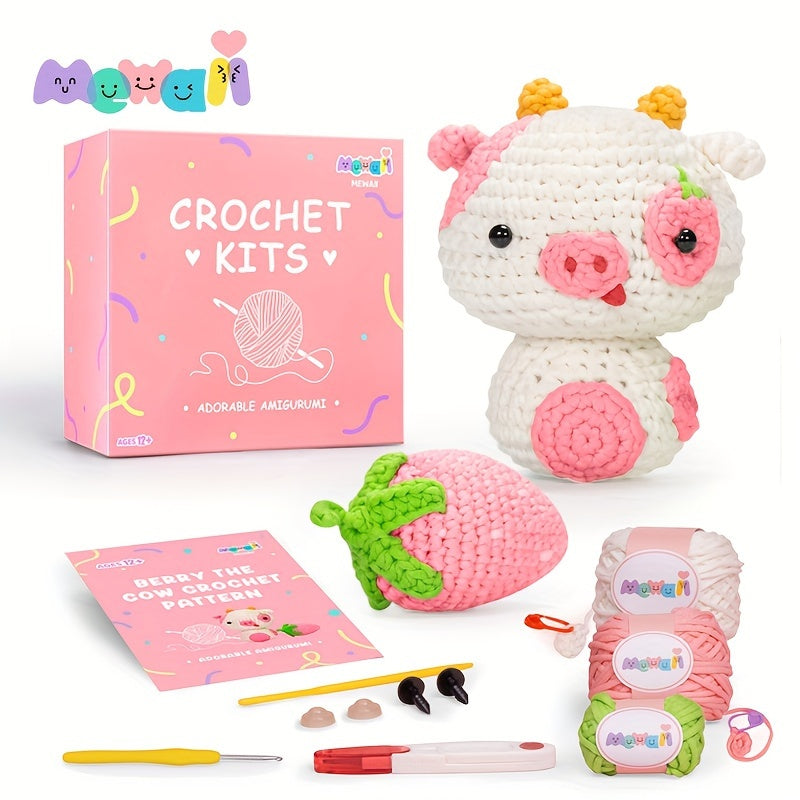 Mewaii Strawberry Pink Cow Crochet Kit For Beginners, Complete DIY Crochet Kit Animals With 40%+ Pre-Started Tape Yarn Step-by-Step Video Tutorials Halloween Birthday Easter Christmas Gift