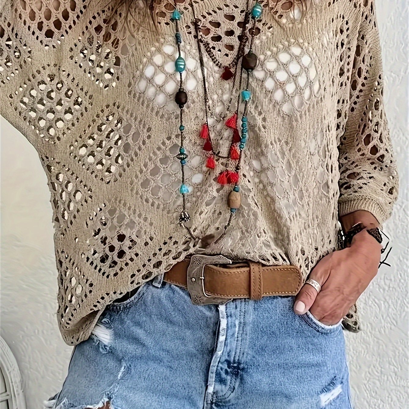 Women's Boho Chic Crochet V-Neck Sweater - Lightweight, Batwing Sleeve, Beach-Ready Knit Top in Solid Green, Breathable Polyester, Perfect for Summer, Crochet Sweater