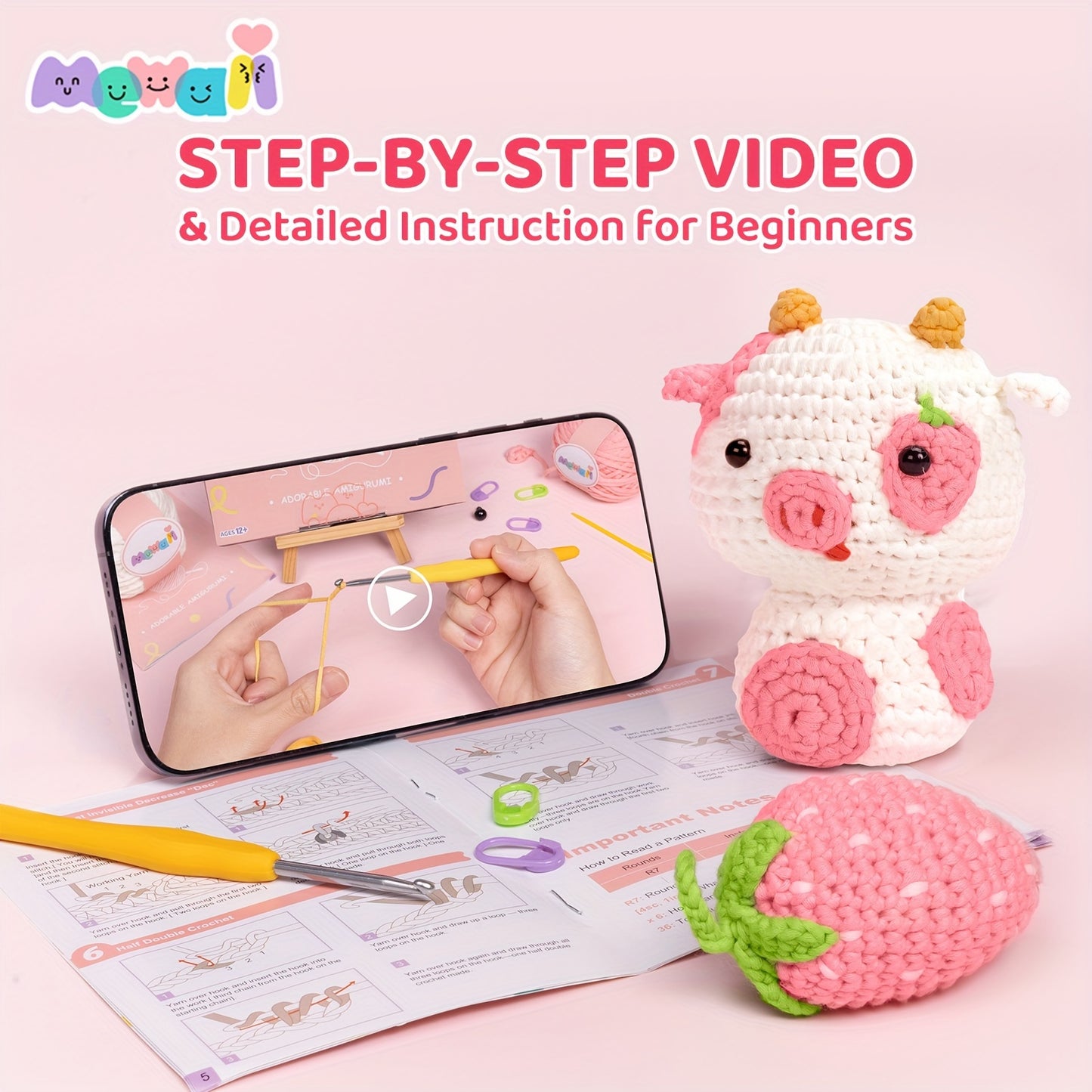 Mewaii Strawberry Pink Cow Crochet Kit For Beginners, Complete DIY Crochet Kit Animals With 40%+ Pre-Started Tape Yarn Step-by-Step Video Tutorials Halloween Birthday Easter Christmas Gift