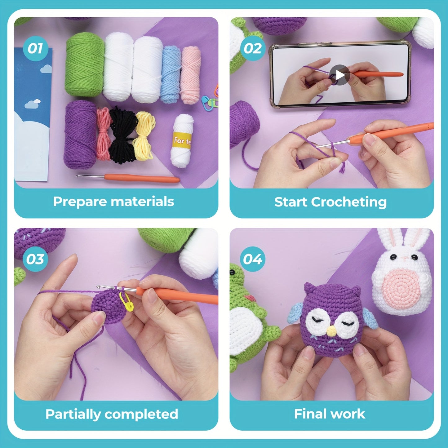 3pcs crochet kit material pack, handmade DIY made frog+owl+rabbit three in one set for dolls. Beginner crochet kit set with step-by-step instructions and video tutorials. Homemade birthday gift, doll art, crafts, and sewing s