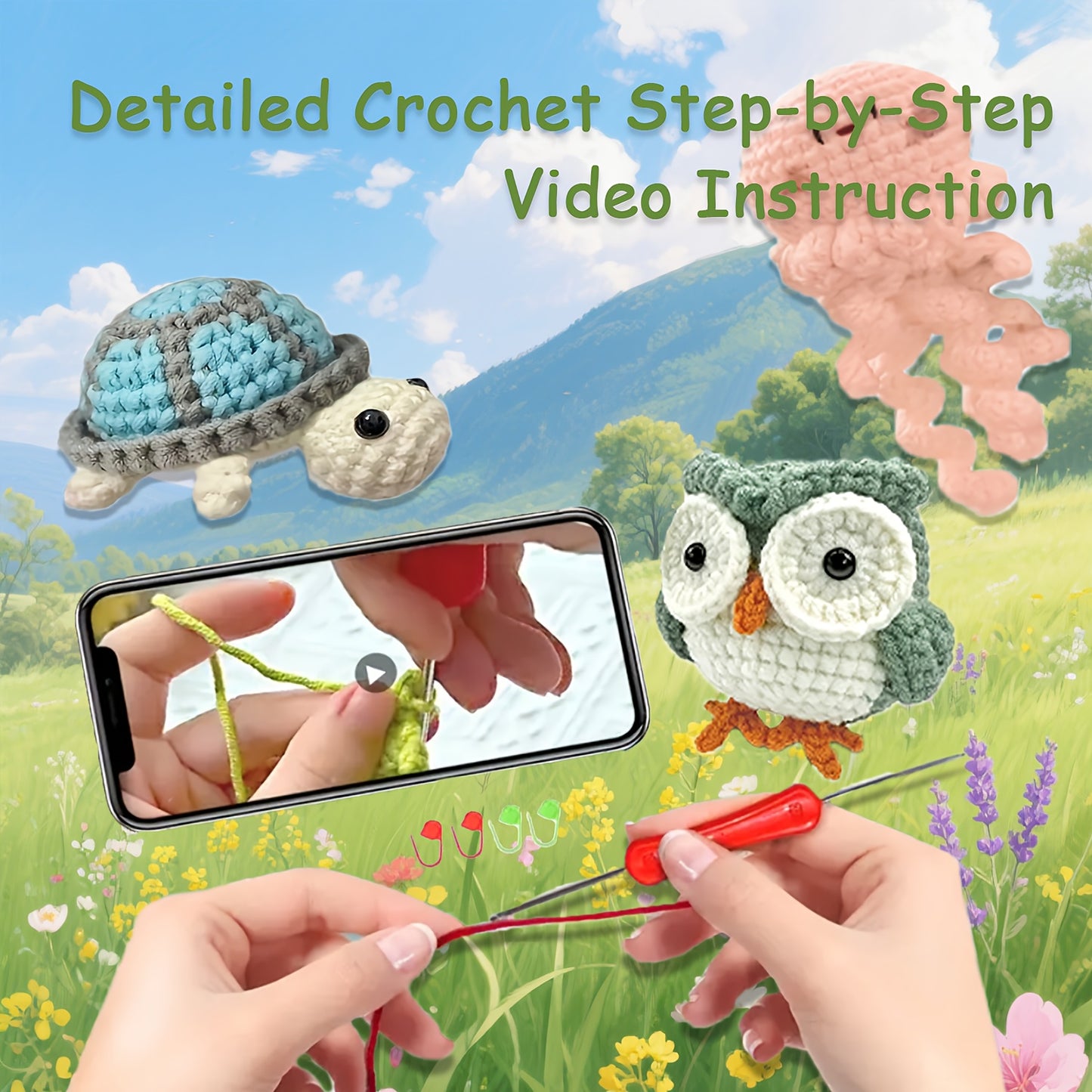 7pcs Crochet Kit for Beginners - Animal Designs with Crochet Hooks, Yarn, Step-by-Step Instructions & Video - Perfect for DIY Crafts, All-Season Use, Includes Turtle, Owl, Panda, and More, Crochet Supplies, Beginner Crafting,