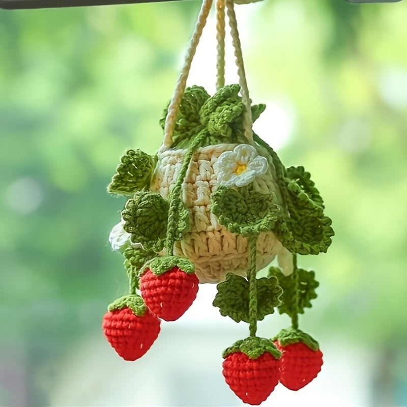 1pc Handmade Crochet Strawberry Car Hanging Ornament - Cute Knitted Decorative Pendant with Car Rearview Mirror Design, Green Leaf & Flower Accents, Car Interior Accessories, Creative and Creative Craftsmanship