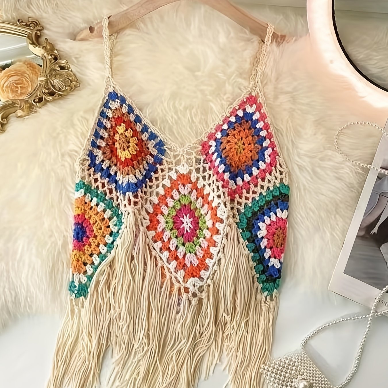 Colorful Boho Crochet Fringe Cami Top - V-Neck, Sleeveless, Versatile & Vacation-Ready, Handmade Acrylic Tassel Detail, Perfect for Layering
