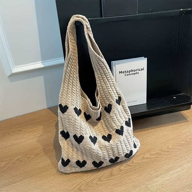 Chic Geometric Love Heart Crochet Tote, Durable, Casual Urban Style Shoulder Bag, Ideal Valentine's Gift & Fashion Accessory, Perfect for Everyday & Gift Giving