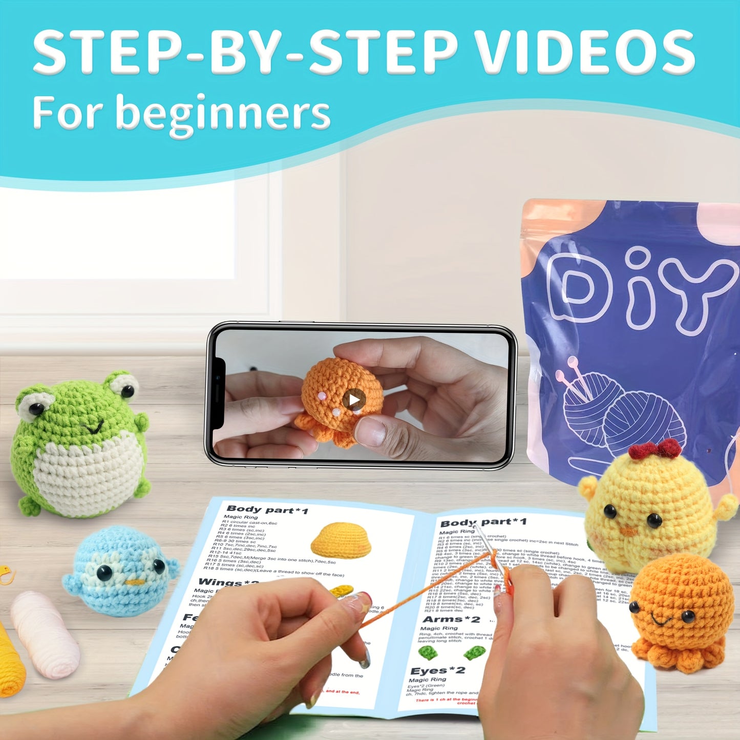 4pcs DIY Crochet Animal Kit - Perfect Knitting Kit To Crochet Animals - Easy-to-Follow Instructions, Enough Yarn, Hook, And Full Crochet Accessories And Supplies Included - Perfect For Beginners, Starter Kit For Creating Ador