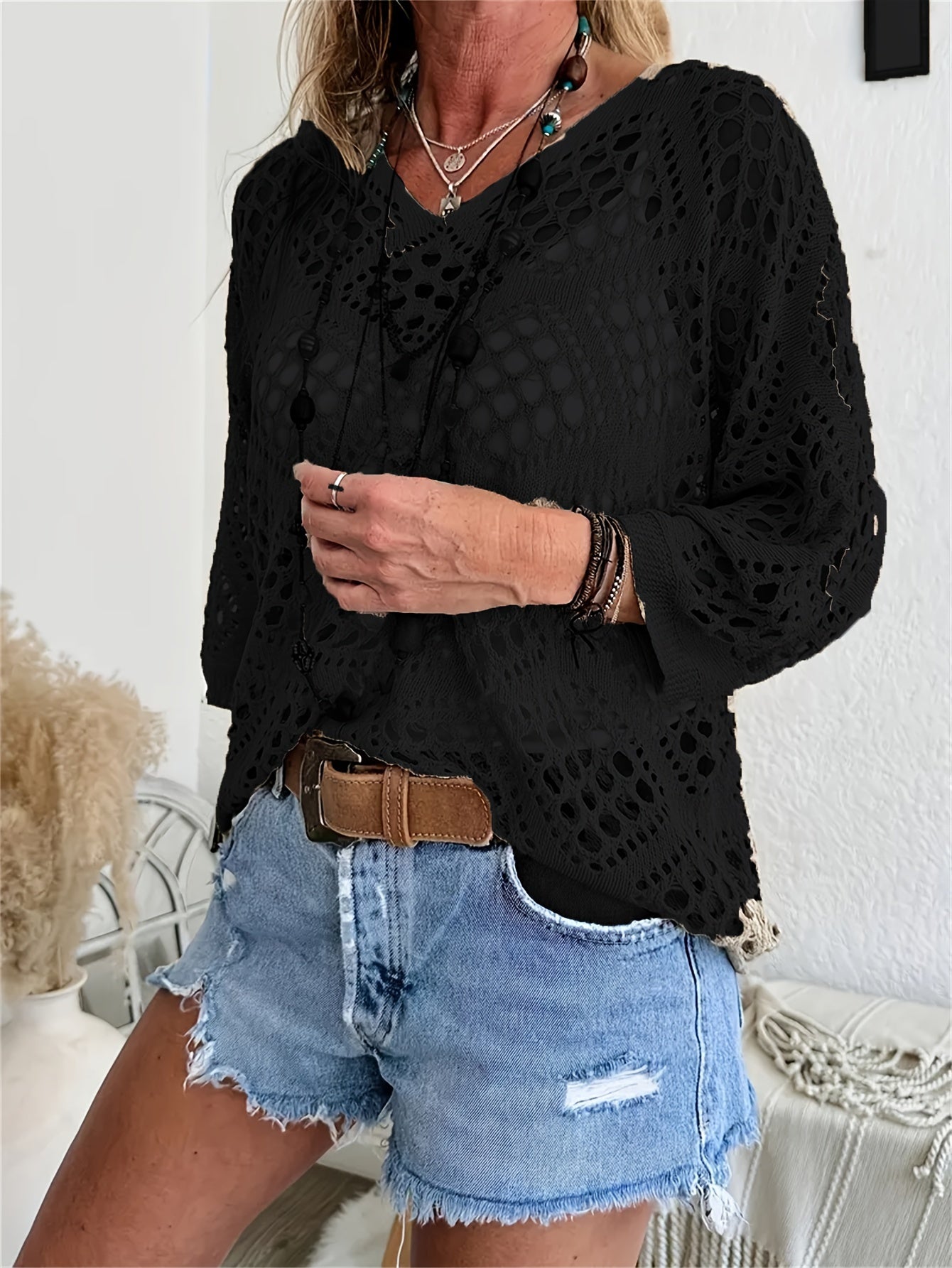 Women's Boho Chic Crochet V-Neck Sweater - Lightweight, Batwing Sleeve, Beach-Ready Knit Top in Solid Green, Breathable Polyester, Perfect for Summer, Crochet Sweater