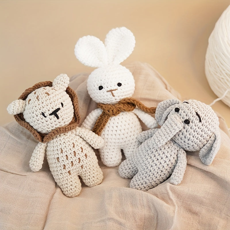 Handcrafted Crochet Animal Plush Toys - Elephant, Lion & Bunny - Soft Cotton Play Dolls in Khaki/Grey/White - Perfect Keepsake Gift