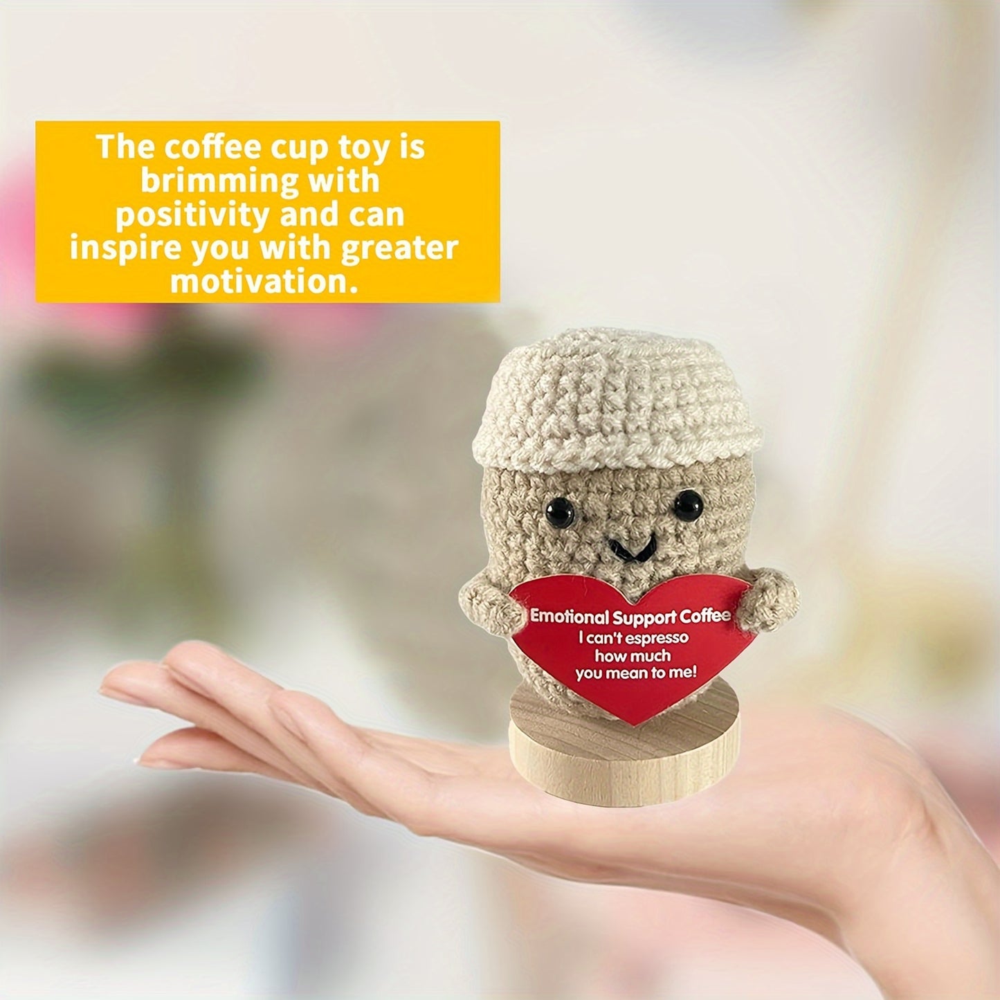Charming Mini Crochet Coffee Cup Doll, 2.8" Soft Wool Knit Toy with Inspirational Card - Perfect for Birthday Gifts & Room Decor (Base Not Included)