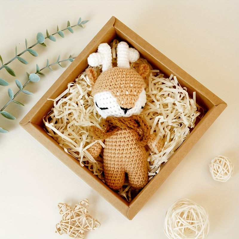 Handmade Crochet Baby Deer Comfort Toy, Pure Cotton Stuffed Animal for Newborns and Toddlers, Chinese Mainland Crafted, Ideal First Christmas Gift for Ages 0-8 Years