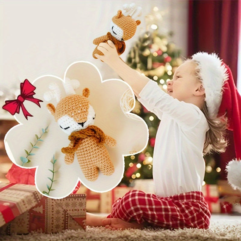 Handmade Crochet Baby Deer Comfort Toy, Pure Cotton Stuffed Animal for Newborns and Toddlers, Chinese Mainland Crafted, Ideal First Christmas Gift for Ages 0-8 Years