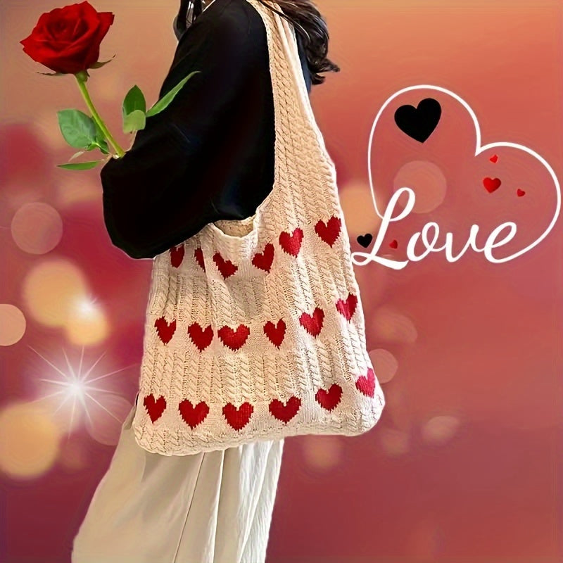 Chic Geometric Love Heart Crochet Tote, Durable, Casual Urban Style Shoulder Bag, Ideal Valentine's Gift & Fashion Accessory, Perfect for Everyday & Gift Giving