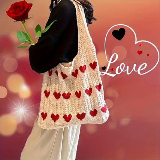 Chic Geometric Love Heart Crochet Tote, Durable, Casual Urban Style Shoulder Bag, Ideal Valentine's Gift & Fashion Accessory, Perfect for Everyday & Gift Giving