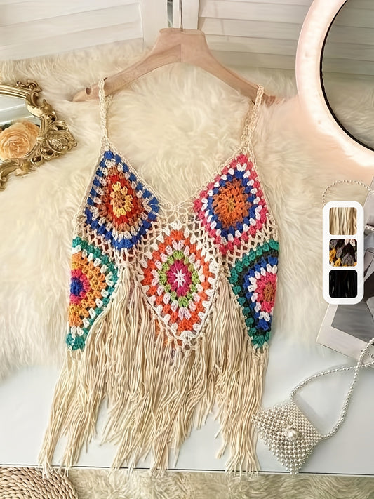 Colorful Boho Crochet Fringe Cami Top - V-Neck, Sleeveless, Versatile & Vacation-Ready, Handmade Acrylic Tassel Detail, Perfect for Layering