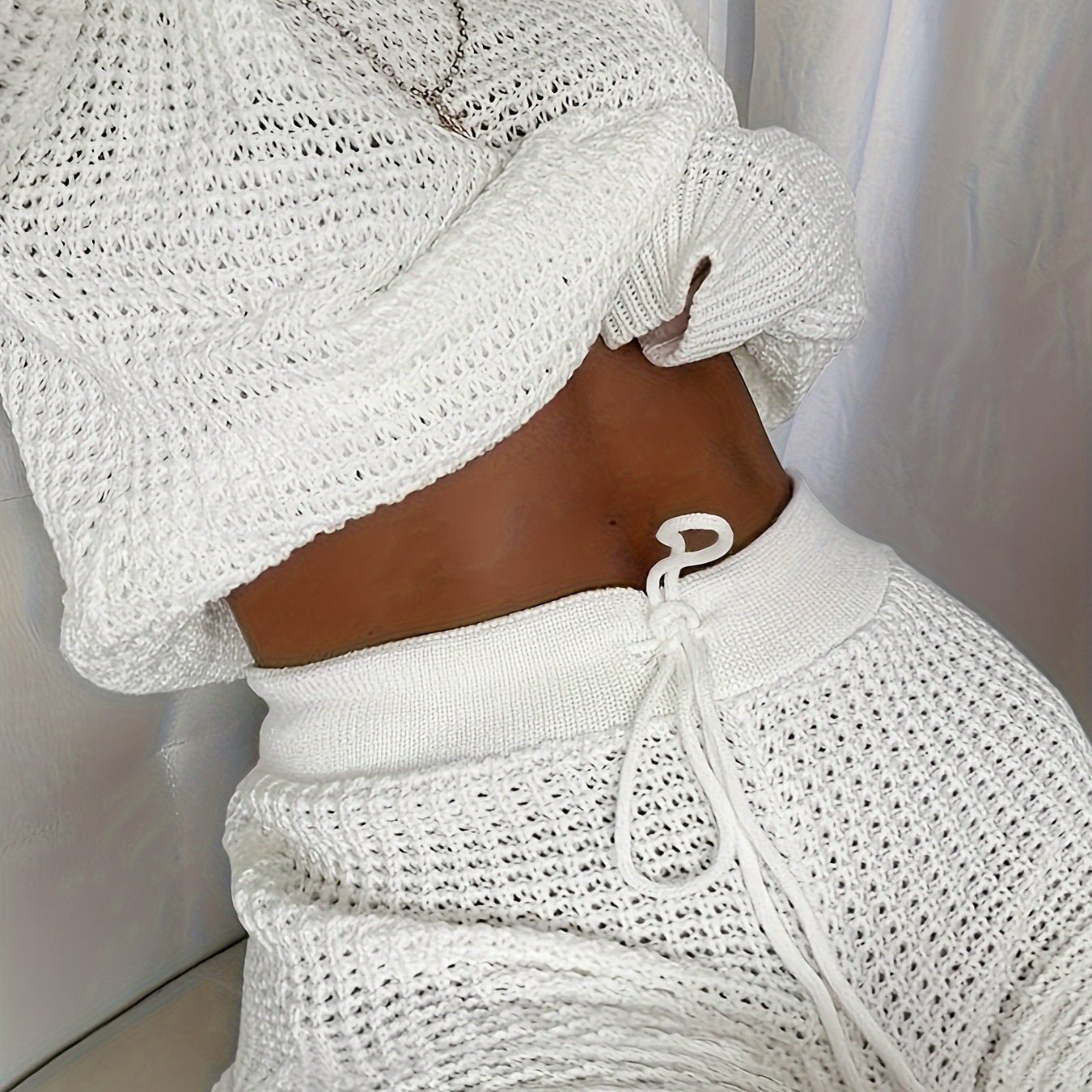 Plus Size Solid Crochet Two-piece Set, Cut Out Crew Neck Long Sleeve Top & Shorts Outfits, Women's Plus Size Clothing