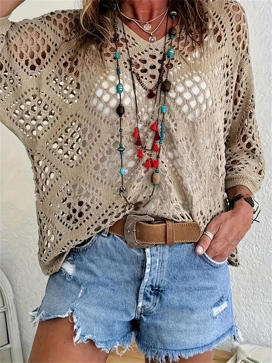 Women's Boho Chic Crochet V-Neck Sweater - Lightweight, Batwing Sleeve, Beach-Ready Knit Top in Solid Green, Breathable Polyester, Perfect for Summer, Crochet Sweater