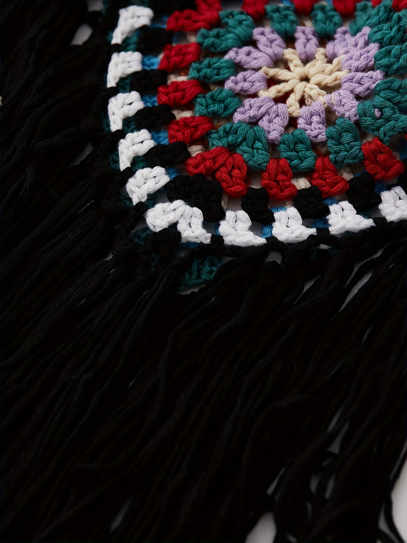 Colorful Boho Crochet Fringe Cami Top - V-Neck, Sleeveless, Versatile & Vacation-Ready, Handmade Acrylic Tassel Detail, Perfect for Layering