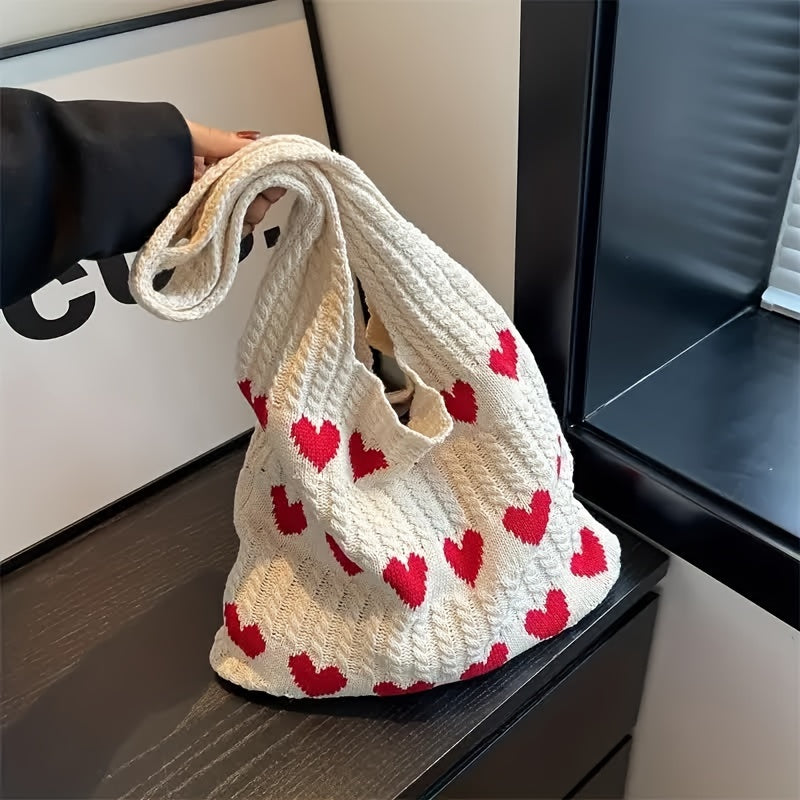 Chic Geometric Love Heart Crochet Tote, Durable, Casual Urban Style Shoulder Bag, Ideal Valentine's Gift & Fashion Accessory, Perfect for Everyday & Gift Giving