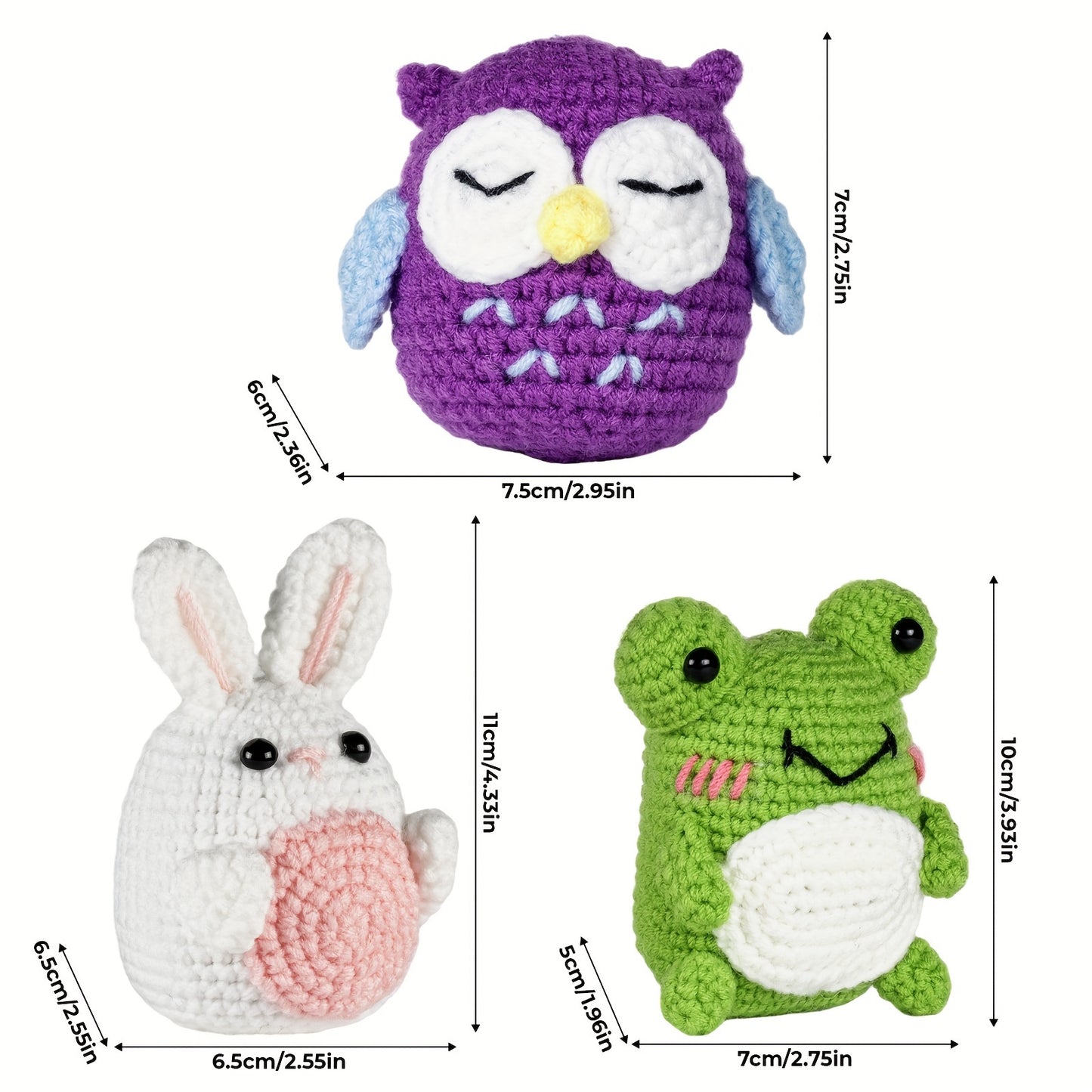 3pcs crochet kit material pack, handmade DIY made frog+owl+rabbit three in one set for dolls. Beginner crochet kit set with step-by-step instructions and video tutorials. Homemade birthday gift, doll art, crafts, and sewing s
