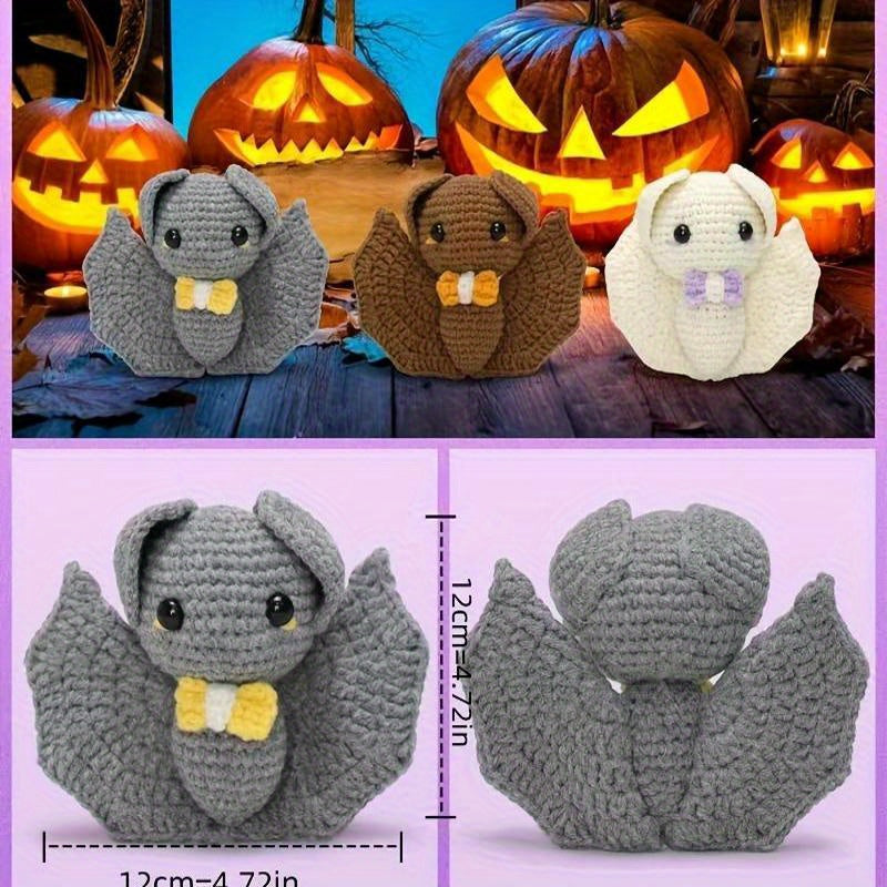 Halloween Bat Crochet Kit For Beginners - Complete Starter Set With Step-By-Step Video Tutorials, Diy Knitting Supplies In White, Gray & Brown, Cute Decorative Ornaments, Perfect Holiday Gift Craft Halloween Kits