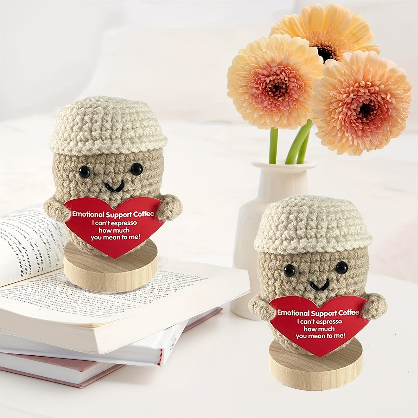 Charming Mini Crochet Coffee Cup Doll, 2.8" Soft Wool Knit Toy with Inspirational Card - Perfect for Birthday Gifts & Room Decor (Base Not Included)