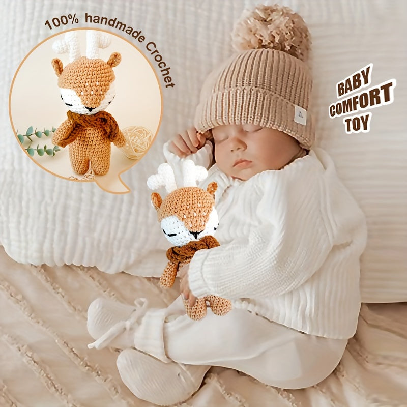 Handmade Crochet Baby Deer Comfort Toy, Pure Cotton Stuffed Animal for Newborns and Toddlers, Chinese Mainland Crafted, Ideal First Christmas Gift for Ages 0-8 Years