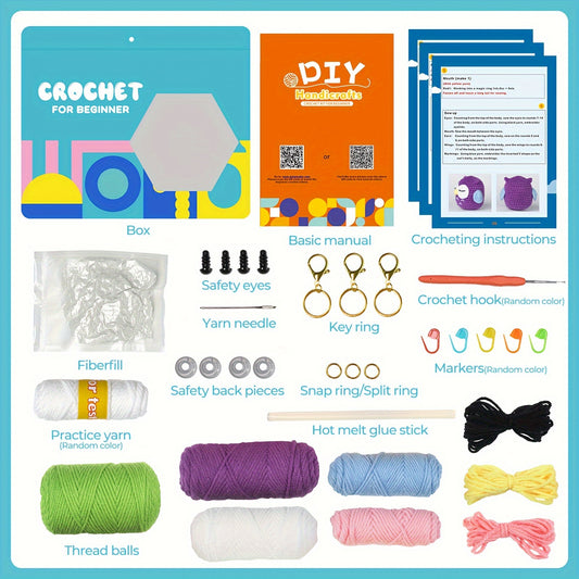 3pcs crochet kit material pack, handmade DIY made frog+owl+rabbit three in one set for dolls. Beginner crochet kit set with step-by-step instructions and video tutorials. Homemade birthday gift, doll art, crafts, and sewing s