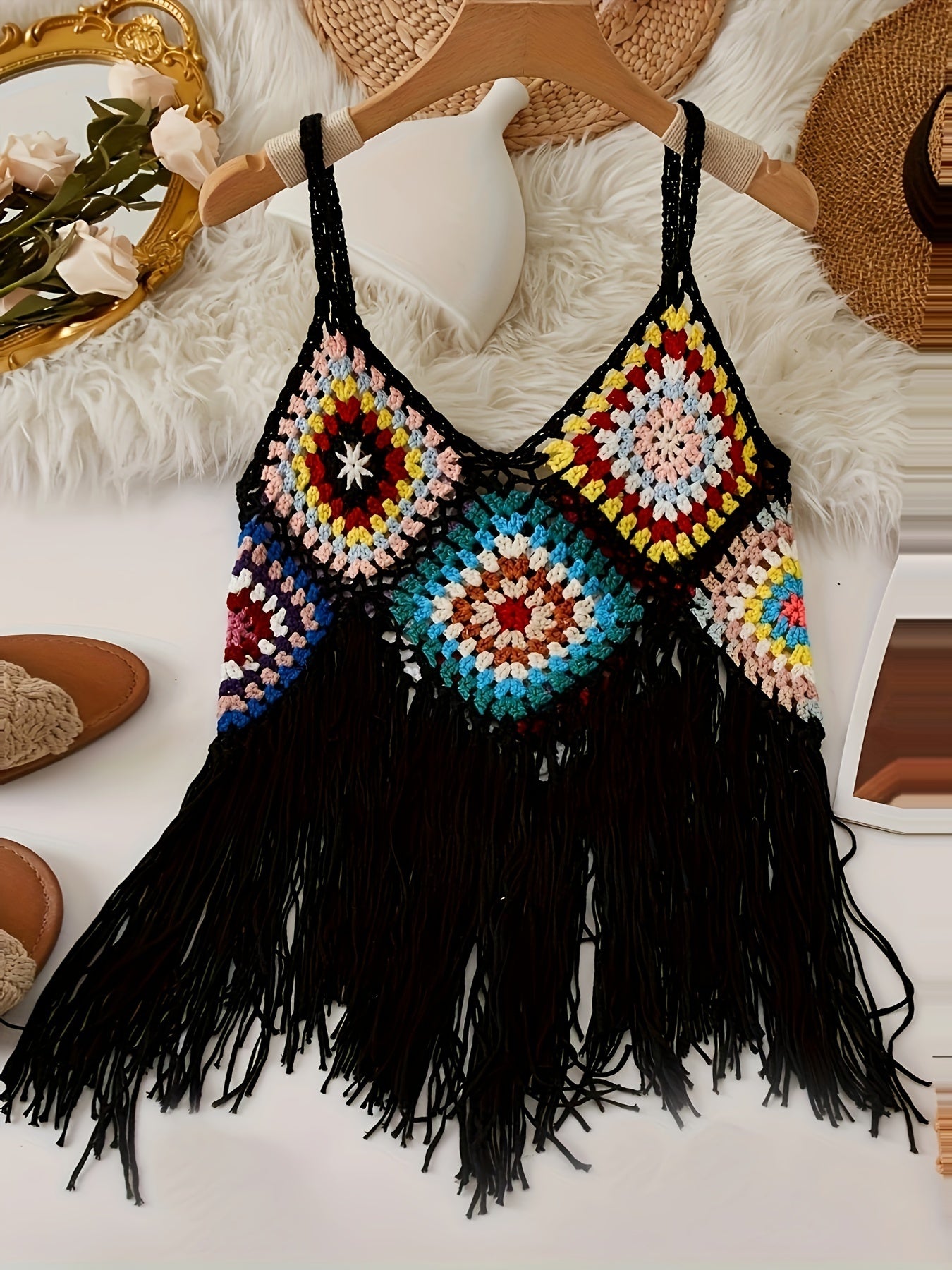 Colorful Boho Crochet Fringe Cami Top - V-Neck, Sleeveless, Versatile & Vacation-Ready, Handmade Acrylic Tassel Detail, Perfect for Layering