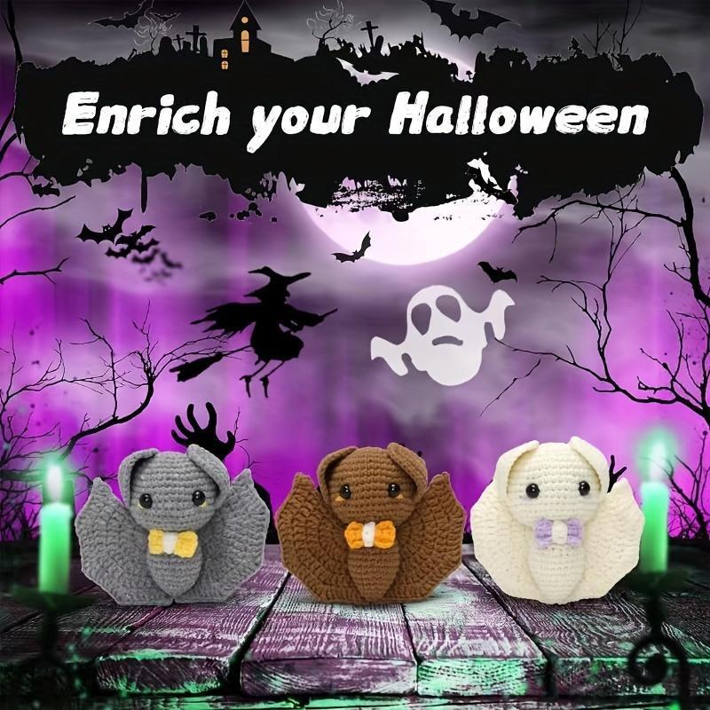 Halloween Bat Crochet Kit For Beginners - Complete Starter Set With Step-By-Step Video Tutorials, Diy Knitting Supplies In White, Gray & Brown, Cute Decorative Ornaments, Perfect Holiday Gift Craft Halloween Kits
