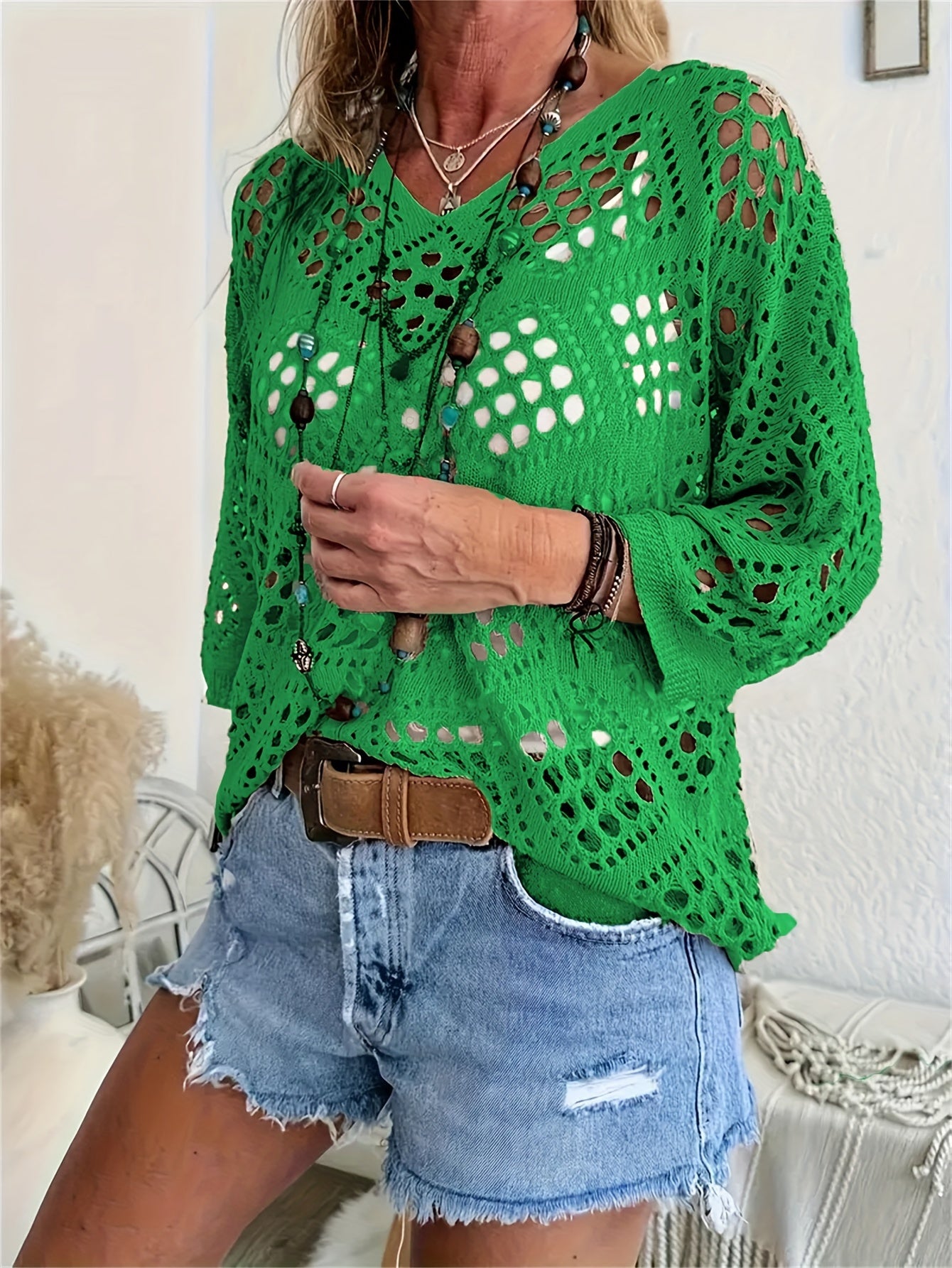 Women's Boho Chic Crochet V-Neck Sweater - Lightweight, Batwing Sleeve, Beach-Ready Knit Top in Solid Green, Breathable Polyester, Perfect for Summer, Crochet Sweater