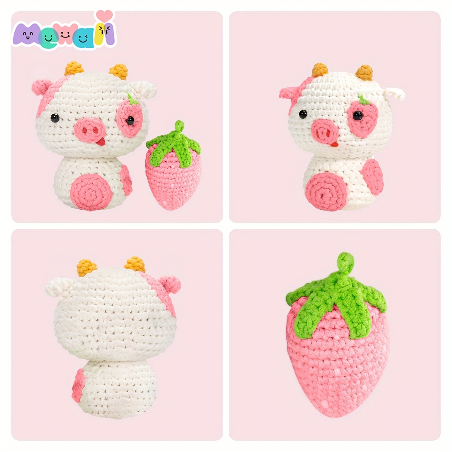 Mewaii Strawberry Pink Cow Crochet Kit For Beginners, Complete DIY Crochet Kit Animals With 40%+ Pre-Started Tape Yarn Step-by-Step Video Tutorials Halloween Birthday Easter Christmas Gift