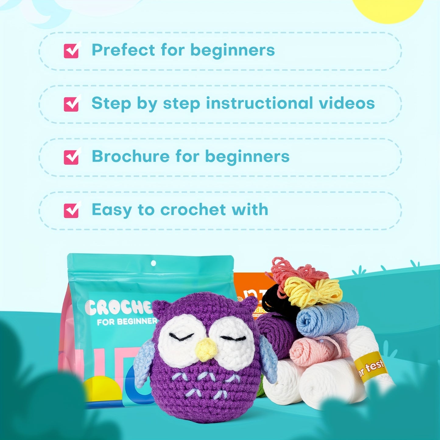 3pcs crochet kit material pack, handmade DIY made frog+owl+rabbit three in one set for dolls. Beginner crochet kit set with step-by-step instructions and video tutorials. Homemade birthday gift, doll art, crafts, and sewing s