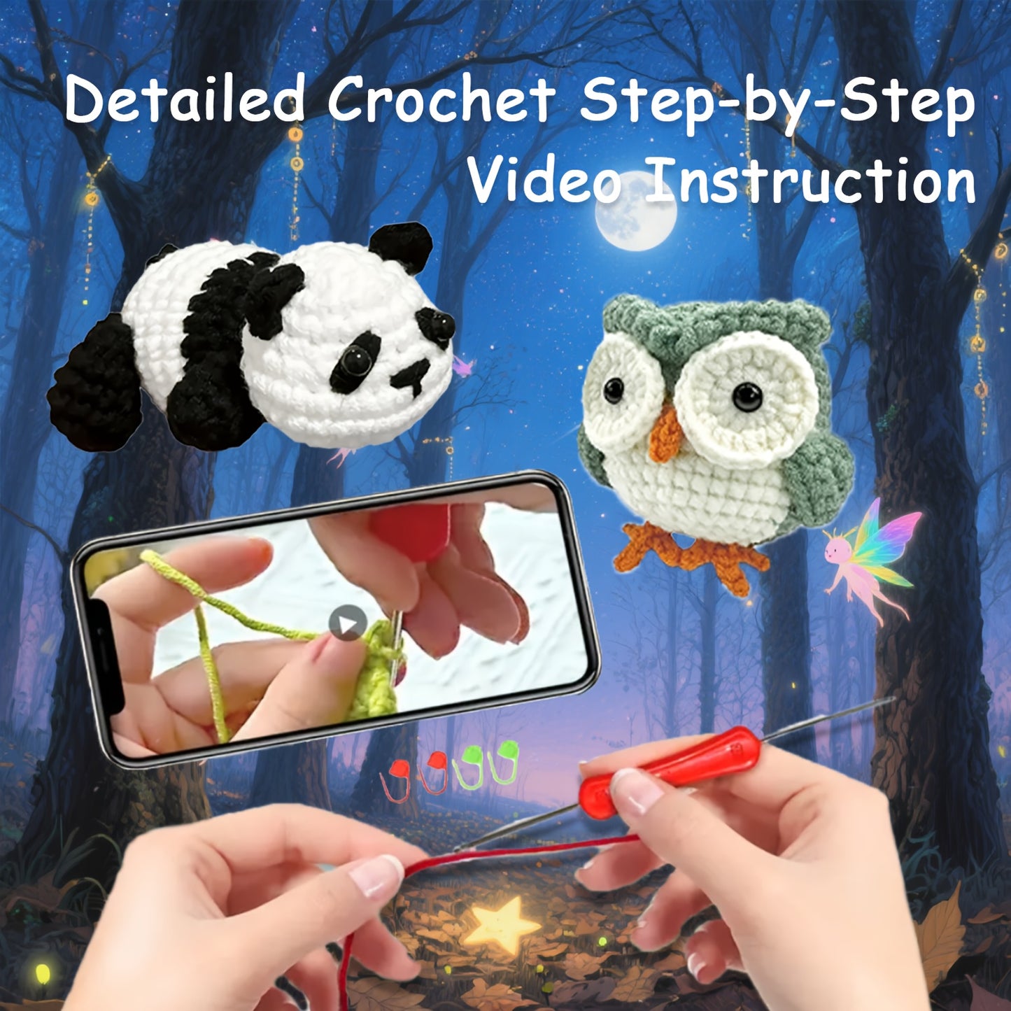 7pcs Crochet Kit for Beginners - Animal Designs with Crochet Hooks, Yarn, Step-by-Step Instructions & Video - Perfect for DIY Crafts, All-Season Use, Includes Turtle, Owl, Panda, and More, Crochet Supplies, Beginner Crafting,