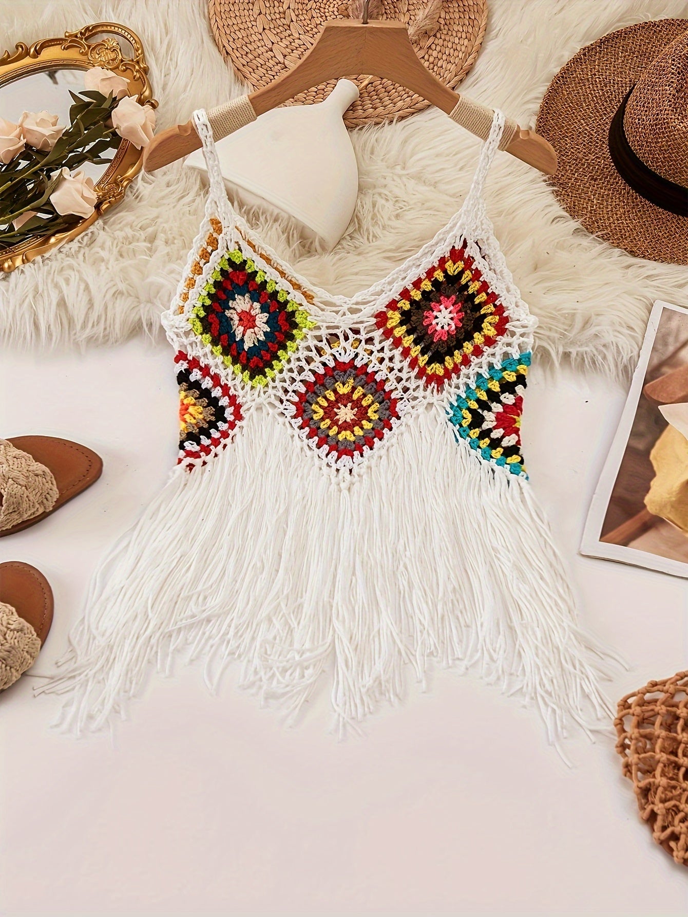 Colorful Boho Crochet Fringe Cami Top - V-Neck, Sleeveless, Versatile & Vacation-Ready, Handmade Acrylic Tassel Detail, Perfect for Layering